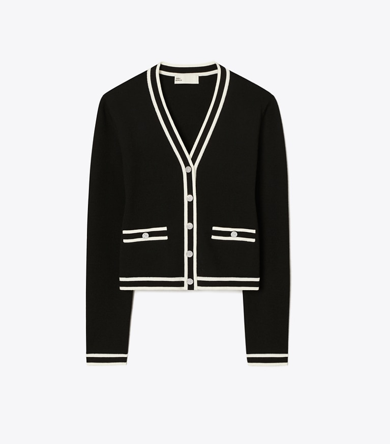 Tory Burch designer セーター シュリンク ケンドラ カーディガン in Black / New Ivory front