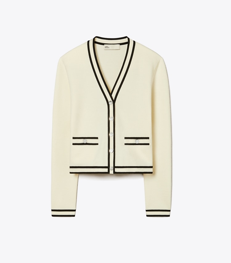 Tory Burch designer sweaters Shrunken Kendra Cardigan in New Ivory / Black front