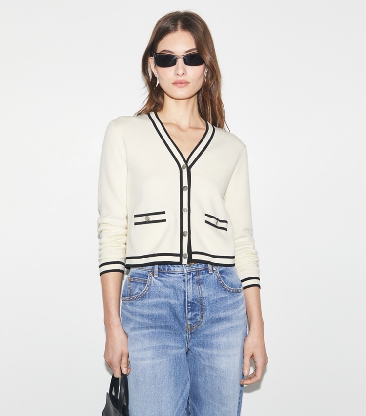 Tory Burch designer sweaters Shrunken Kendra Cardigan in New Ivory / Black on model detail