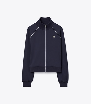 Tory Burch designer jackets Shrunken Raglan Track Jacket in Medium Navy front