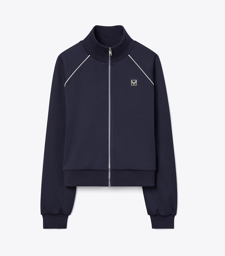 Tory Burch designer jackets Shrunken Raglan Track Jacket in Medium Navy front