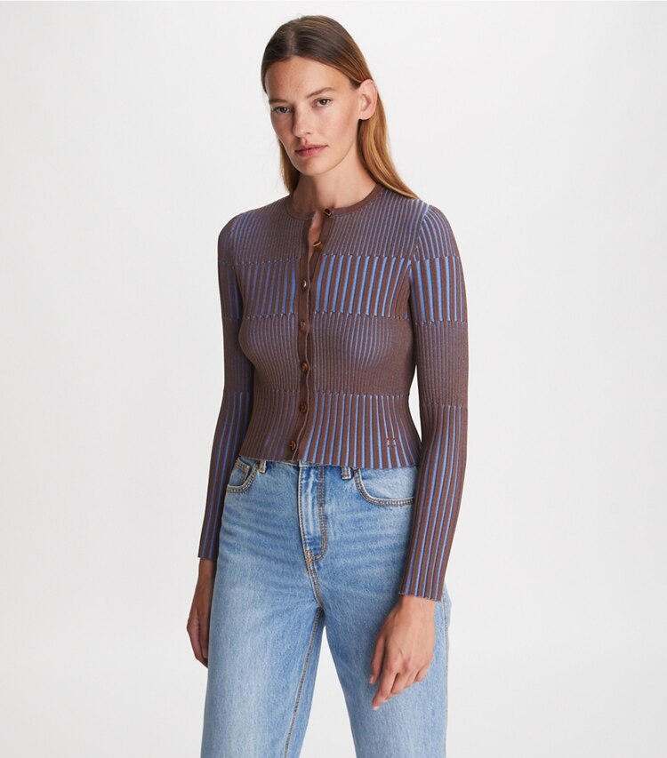 Tory Burch designer sweaters Shrunken Ribbed Cardigan in Dark Cocoa / Dark Cornflower on model detail