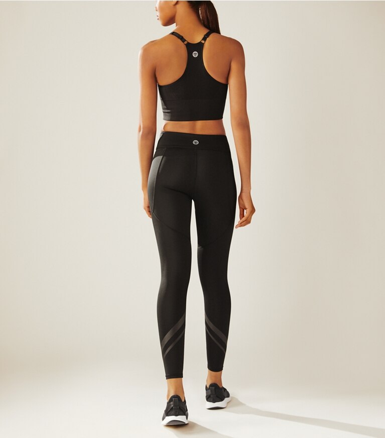 Tory Sport designer bottoms Side-Pocket Chevron Leggings in Sport Black front