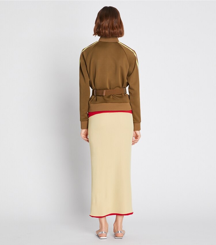 Tory Sport designer jackets Side Stripe Half-Zip Track Jacket in CAMEL on model back
