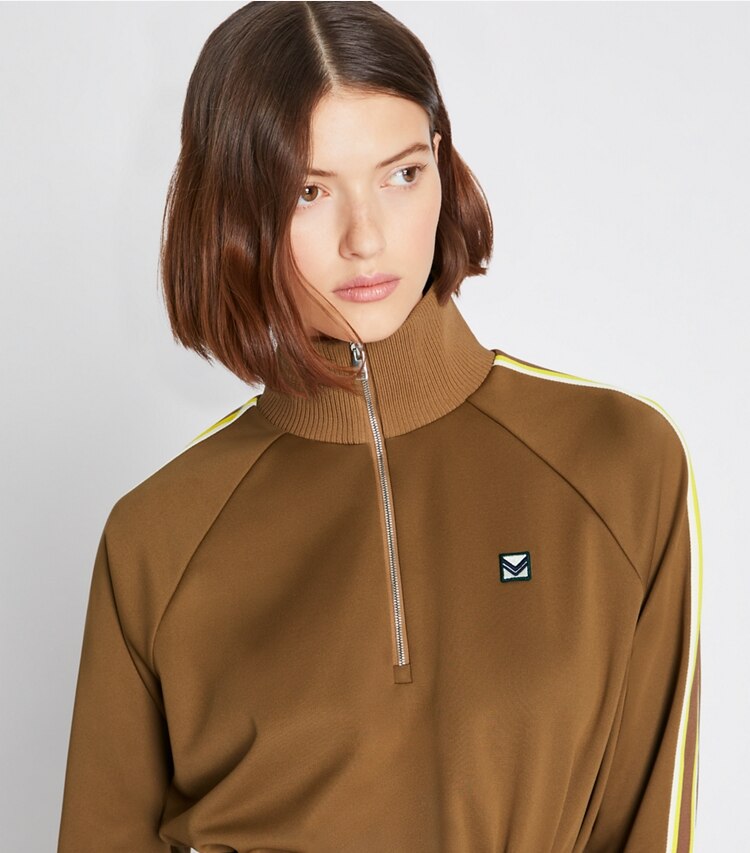 Tory Sport designer jackets Side Stripe Half-Zip Track Jacket in CAMEL on model detail
