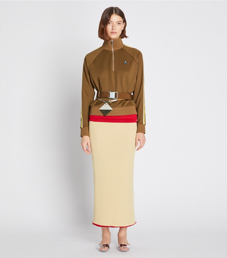 Tory Sport designer jackets Side Stripe Half-Zip Track Jacket in CAMEL on model front