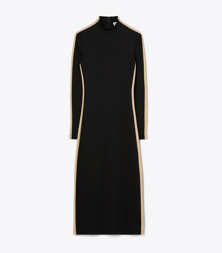 Tory Sport designer dresses Side-Striped Neoprene Dress in Black / Chameau front