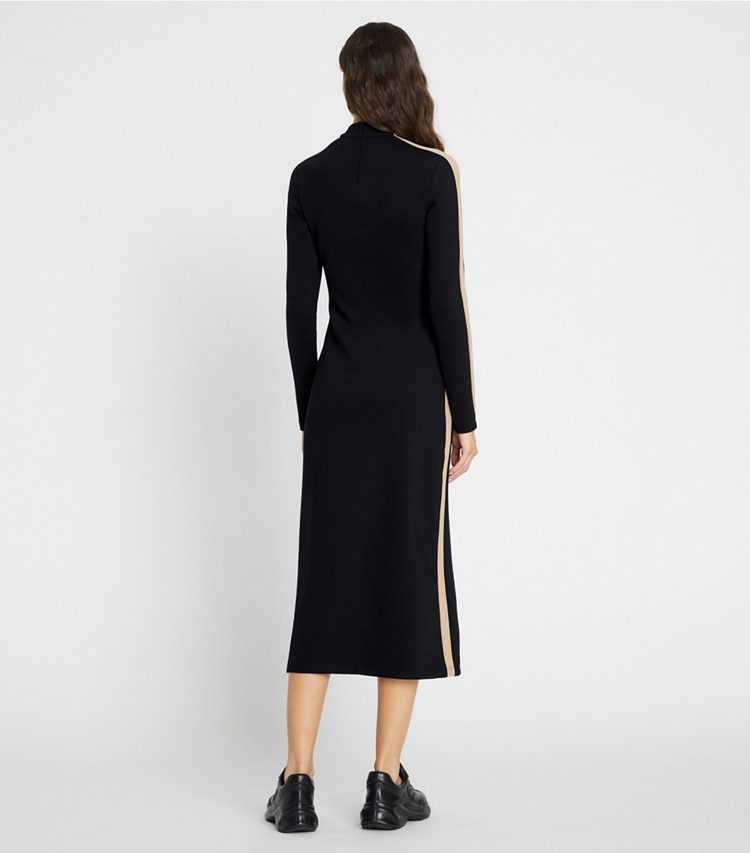 Tory Sport designer dresses Side-Striped Neoprene Dress in Black / Chameau on model back