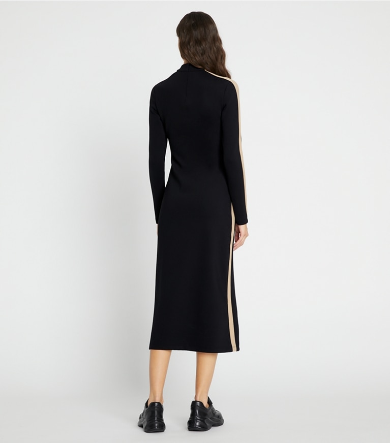 Tory Sport designer dresses Side-Striped Neoprene Dress in Black / Chameau front