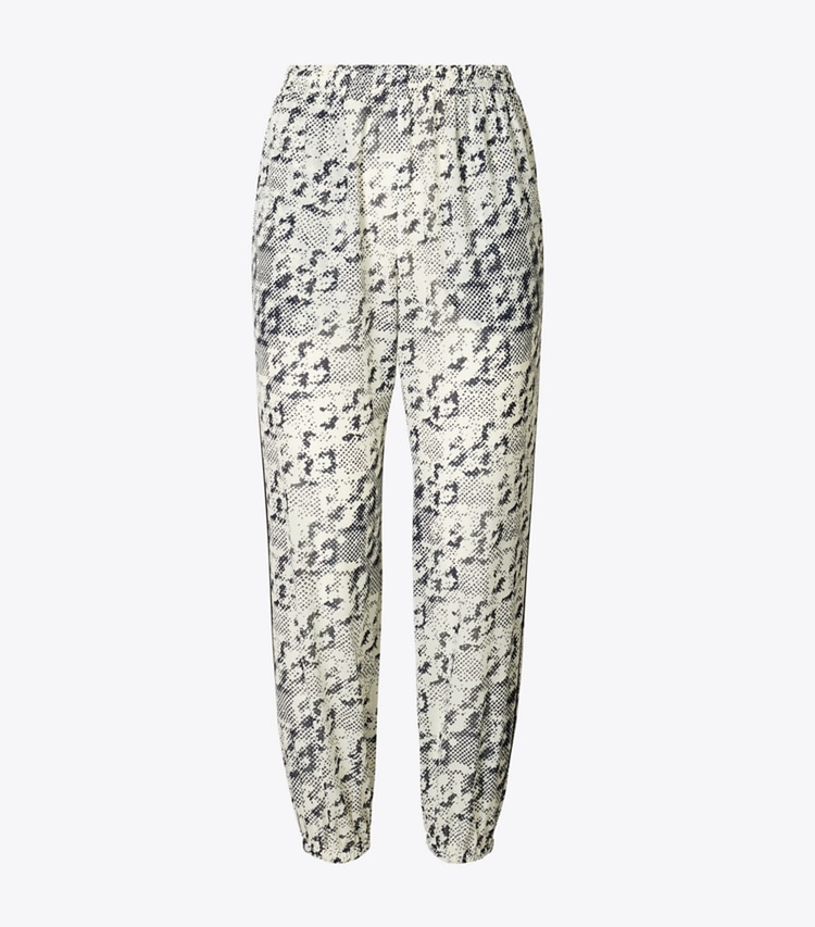 Tory Burch designer coverups Silk Beach Pant in New Ivory Distressed Pixelated Logo front