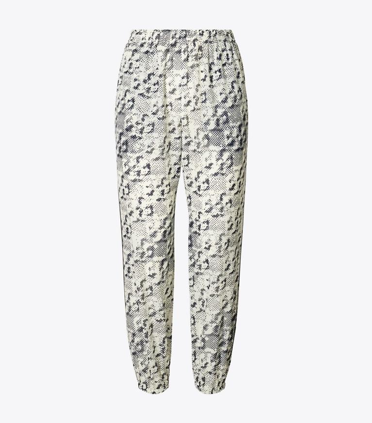 Tory Burch designer coverups Silk Beach Pant in New Ivory Distressed Pixelated Logo front