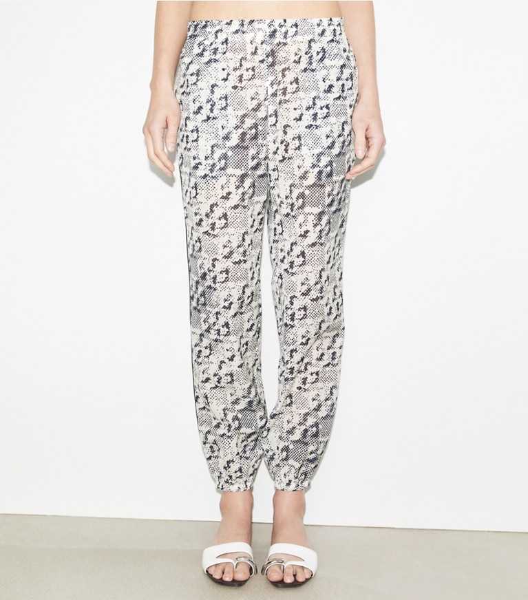 Tory Burch designer coverups Silk Beach Pant in New Ivory Distressed Pixelated Logo front