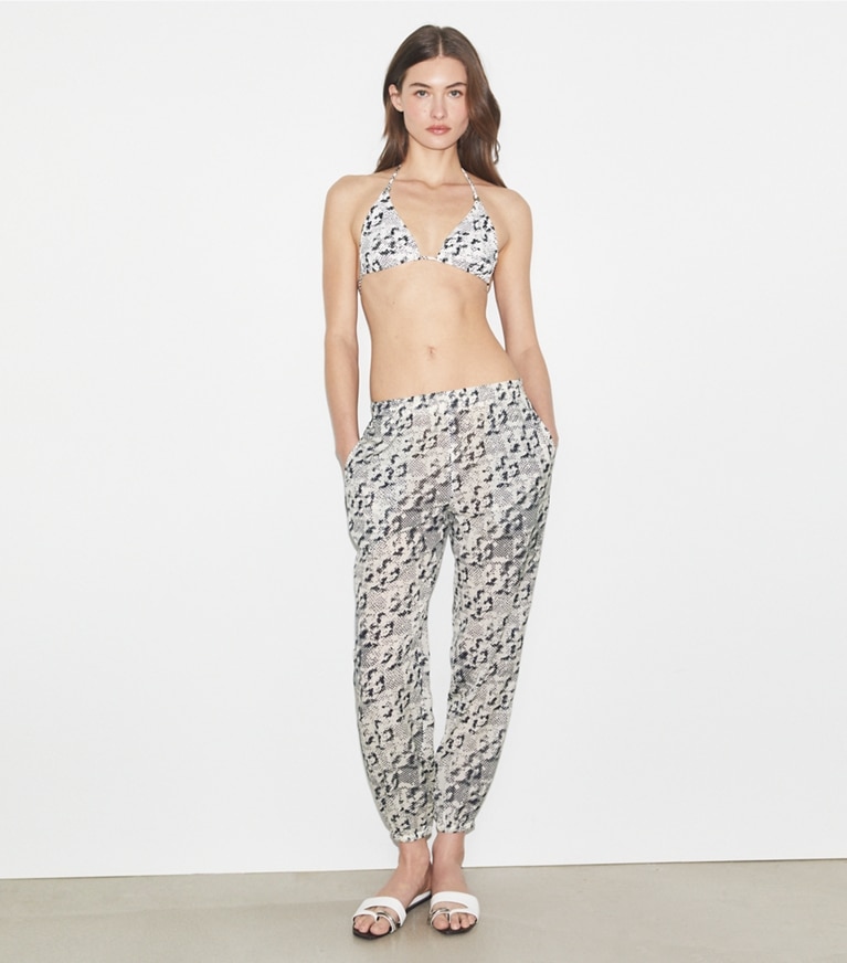 Tory Burch designer coverups Silk Beach Pant in New Ivory Distressed Pixelated Logo front
