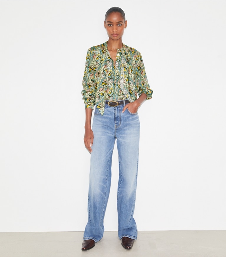 Tory Burch designer tops Silk Bow Blouse in Blue Dream Paisley front