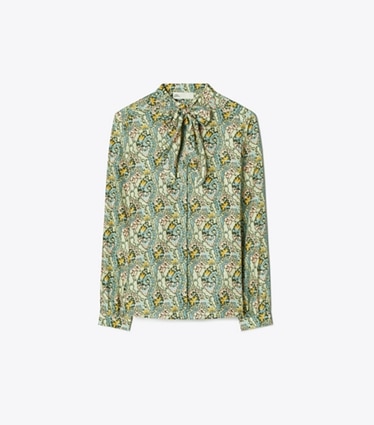 Tory Burch designer tops Silk Bow Blouse in Blue Dream Paisley front