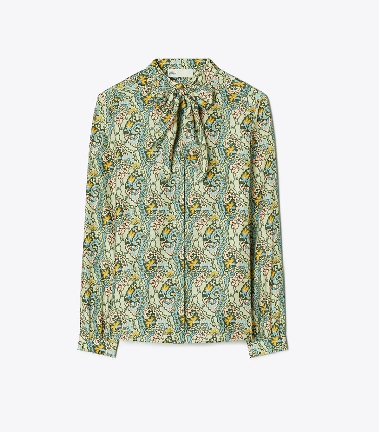 Tory Burch designer tops Silk Bow Blouse in Blue Dream Paisley front