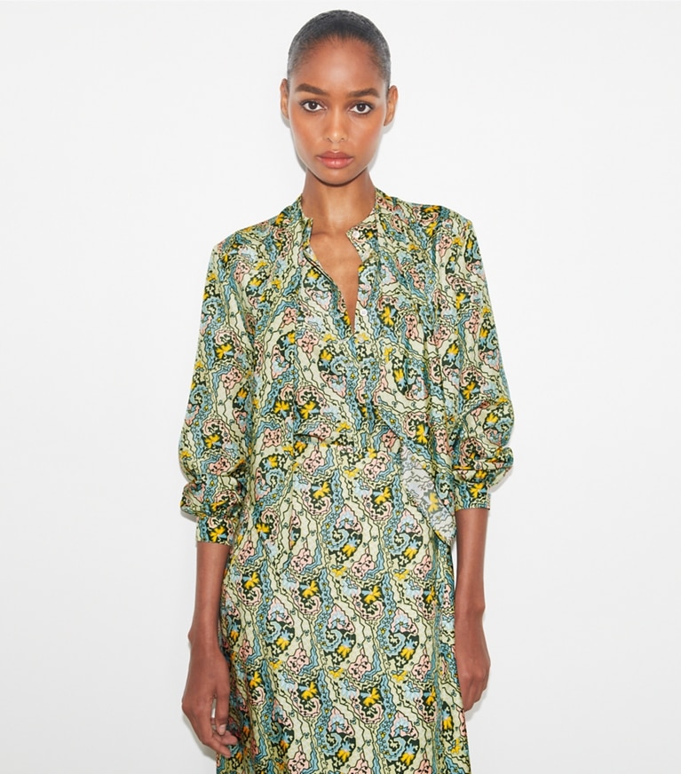 Tory Burch designer tops Silk Bow Blouse in Blue Dream Paisley front