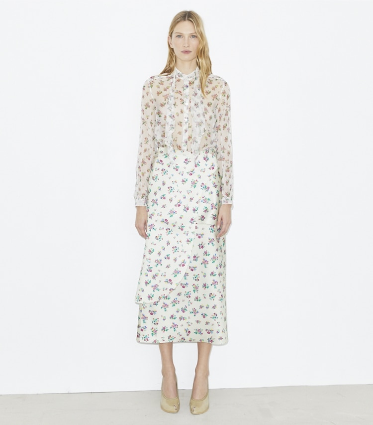 Tory Burch designer tops Silk Bow Blouse in Multi Slip Ditsy on model front