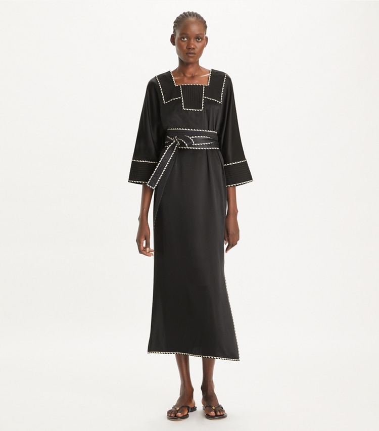 Tory Burch designer coverups Silk Caftan in Black on model front