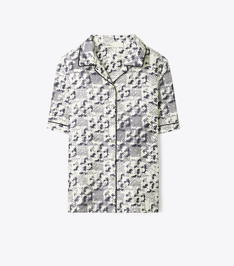 Tory Burch designer coverups Silk Camp Shirt in New Ivory Distressed Pixelated Logo front