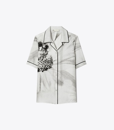 Tory Burch designer coverups Silk Camp Shirt in Gray Bee front