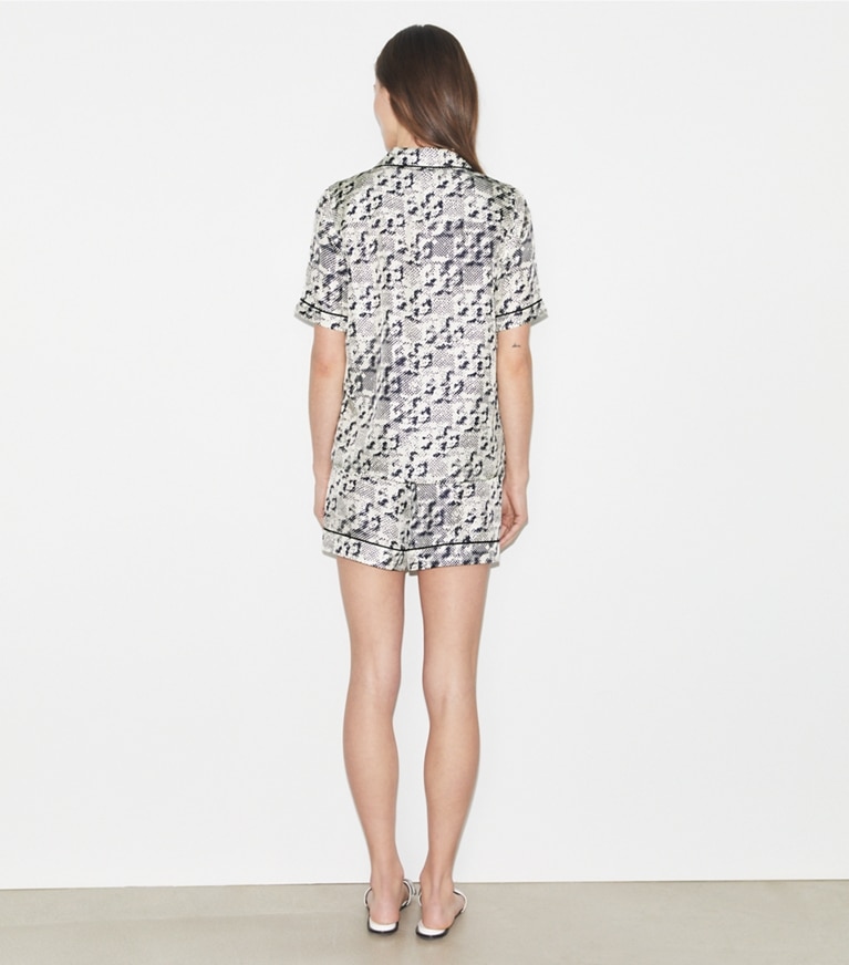 Tory Burch designer coverups Silk Camp Shirt in New Ivory Distressed Pixelated Logo front