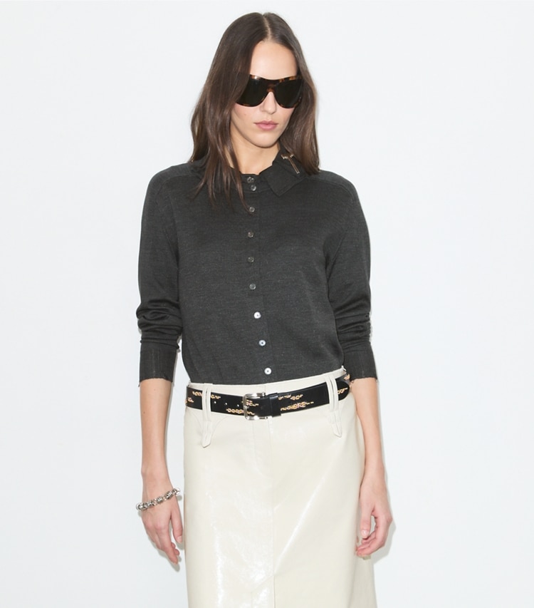 Tory Burch designer sweaters Silk Cardigan in Dark Gray on model detail