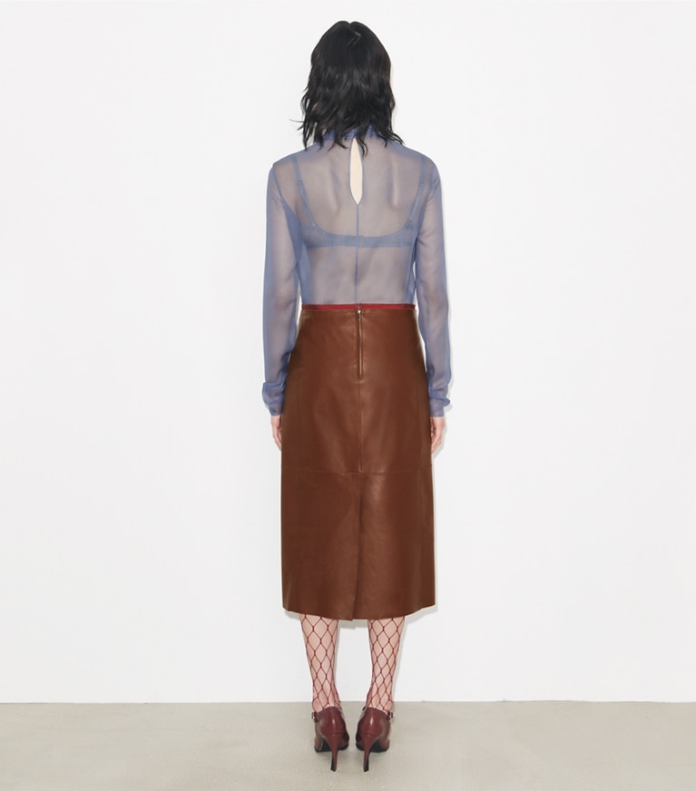 Tory Burch designer tops Silk Collared Top in Lavender on model back