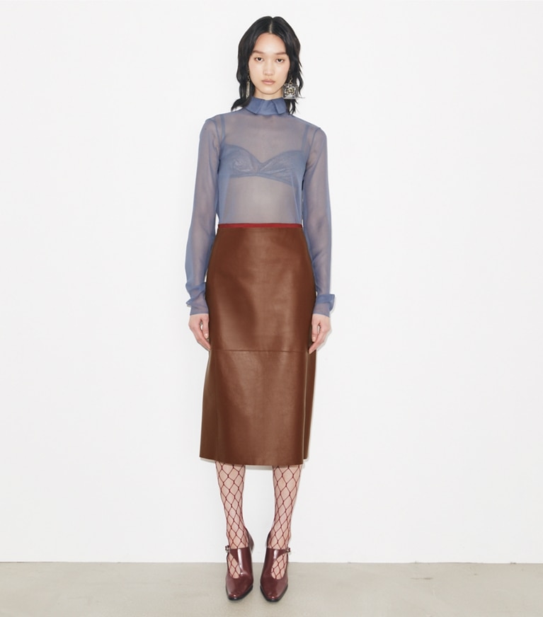 Tory Burch designer tops Silk Collared Top in Lavender on model front