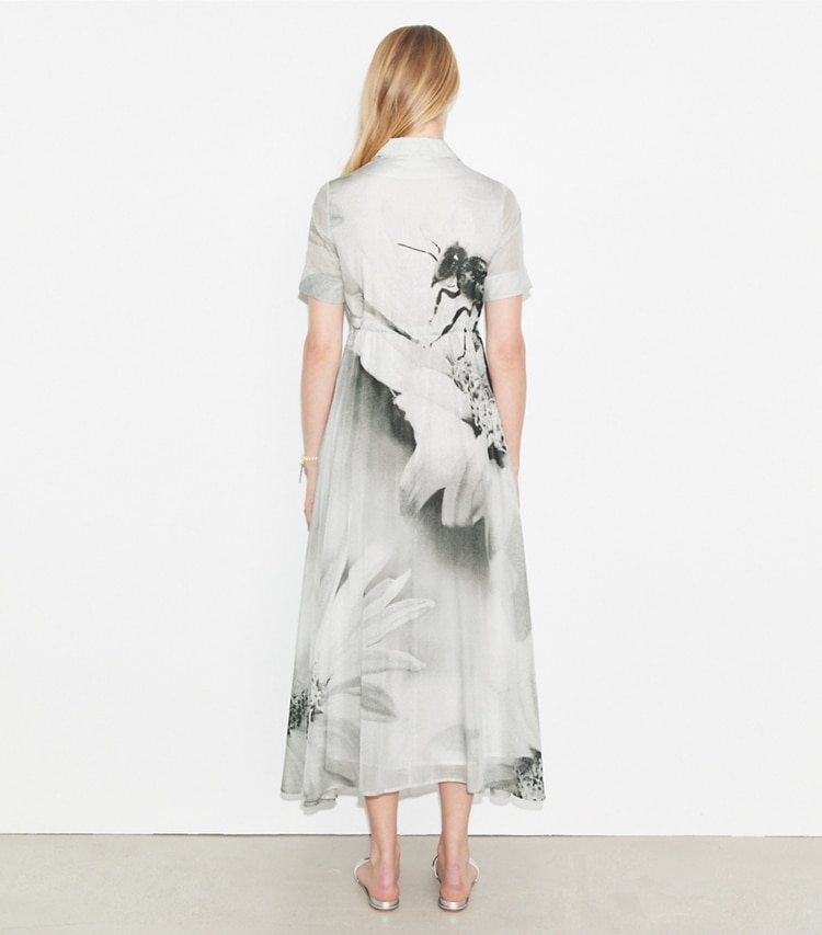 Tory Burch designer dresses Silk Cotton Voile Shirtdress in Gray Bee on model back