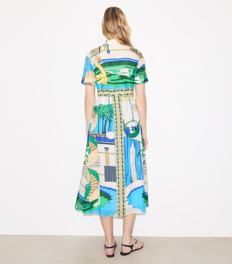 Tory Burch designer dresses Silk Cotton Voile Shirtdress in The Pool Blue on model back