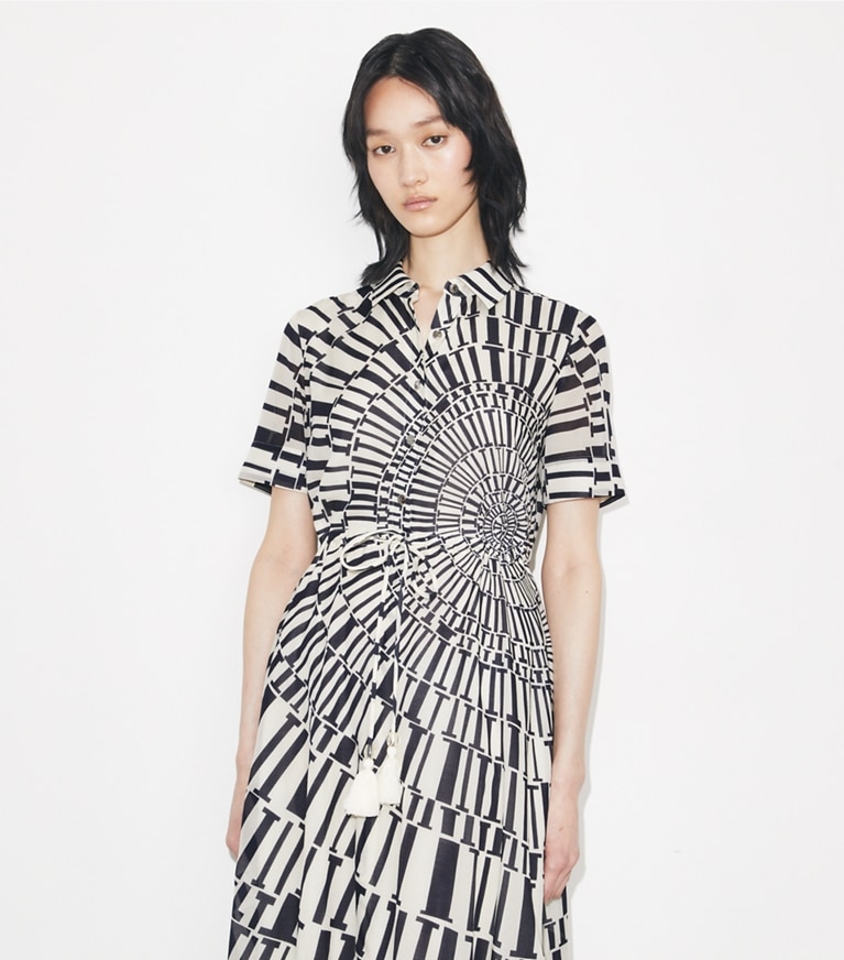 Tory Burch designer coverups Silk Cotton Voile Shirtdress in Medium Navy Circle T on model detail