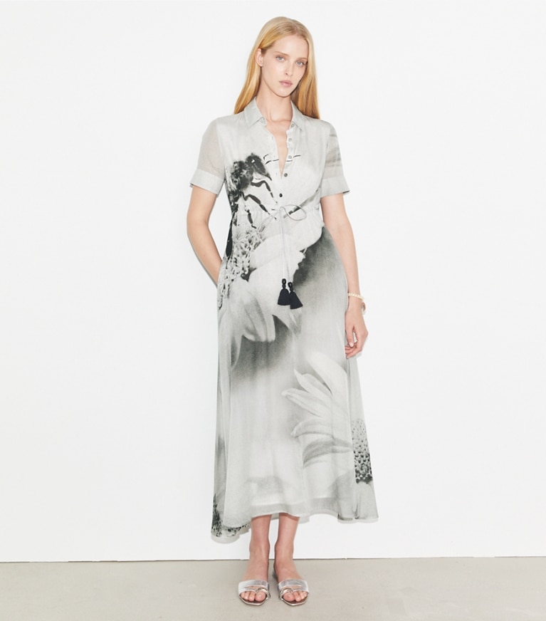 Tory Burch designer dresses Silk Cotton Voile Shirtdress in Gray Bee on model front