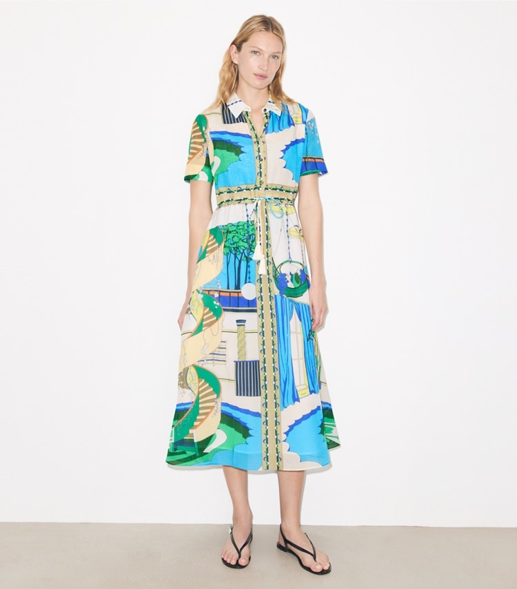 Tory Burch designer dresses Silk Cotton Voile Shirtdress in The Pool Blue on model front