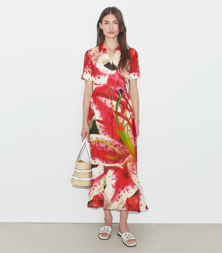 Tory Burch designer coverups Silk Cotton Voile Shirtdress in Pink Lily on model front