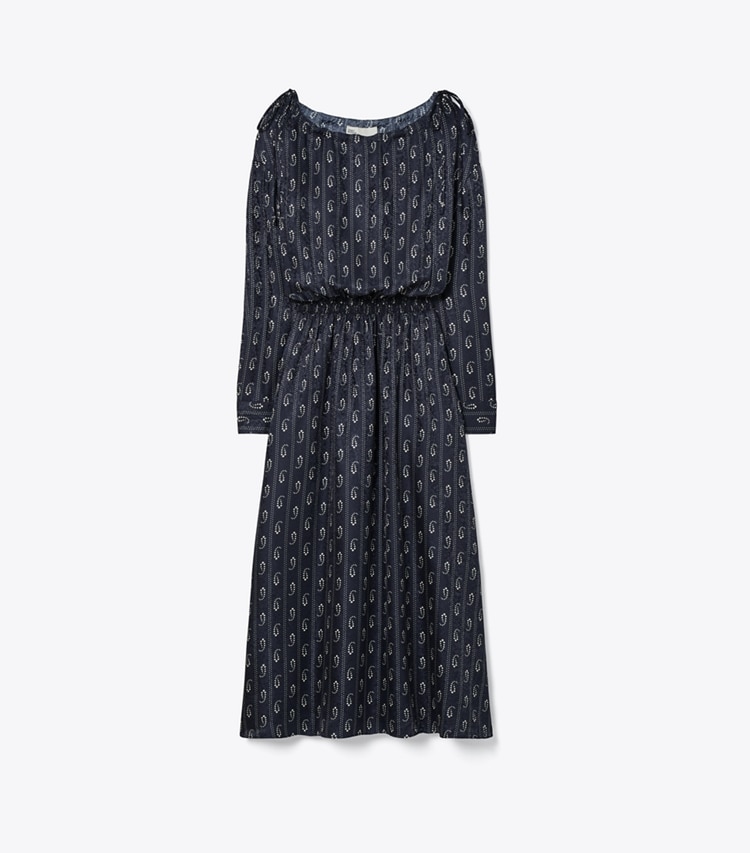 Tory Burch designer dresses Silk Dress in Medium Navy Pajama Print front