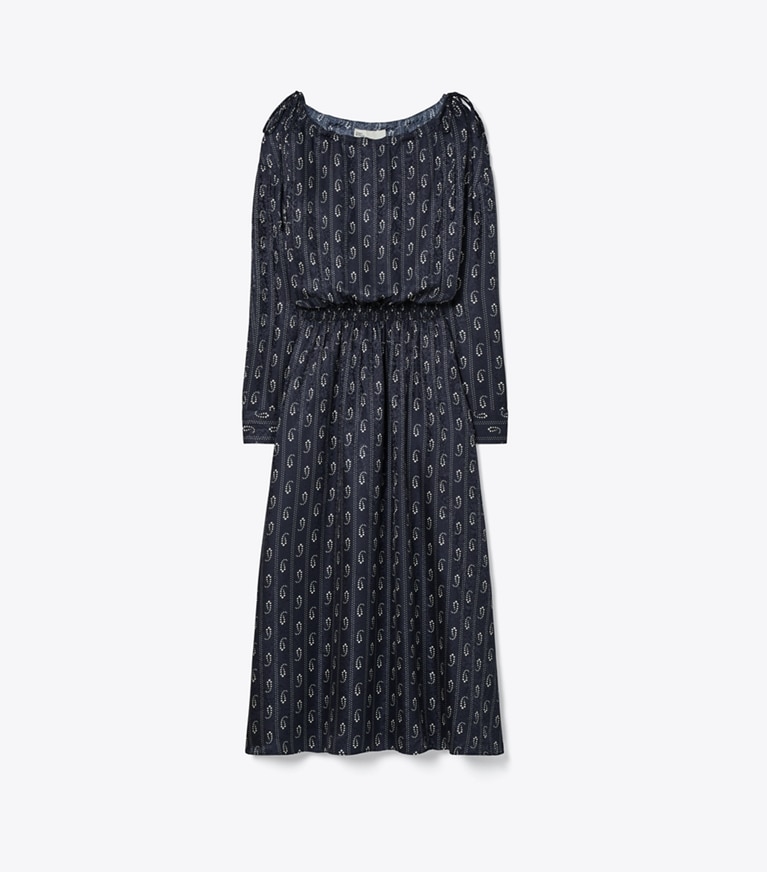 Tory Burch designer dresses Silk Dress in Medium Navy Pajama Print front