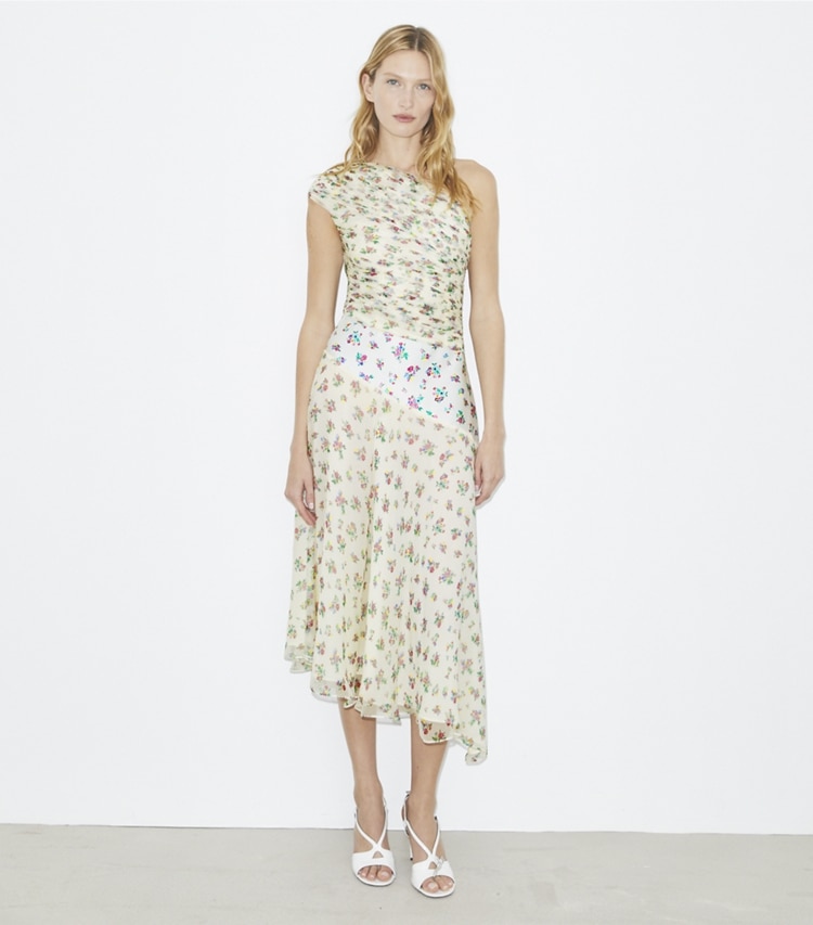 Tory Burch designer dresses Silk Dress in Multi Slip Ditsy on model front