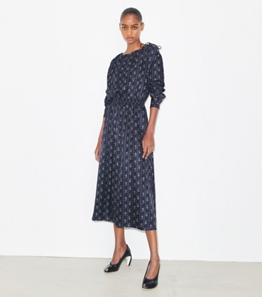 Tory Burch designer dresses Silk Dress in Medium Navy Pajama Print on model front