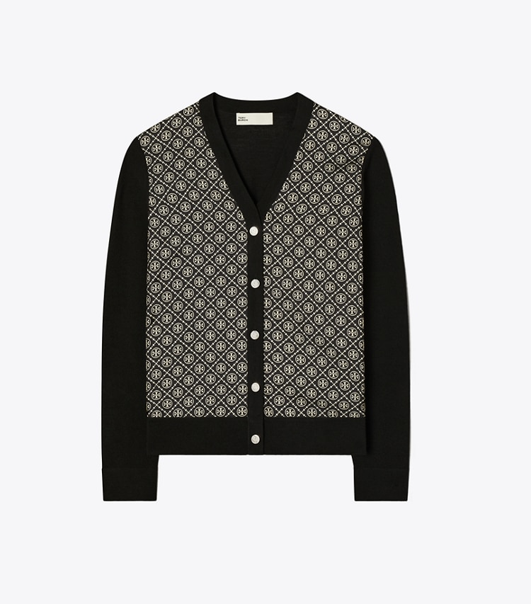 Tory Burch designer sweaters Silk Front Cardigan in Black / Black T Monogram Mini front