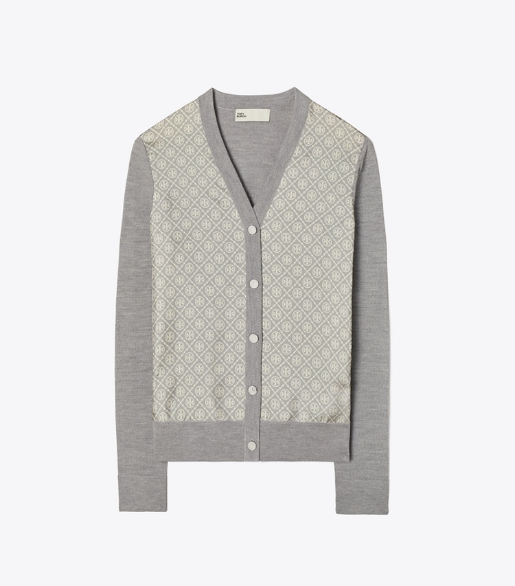 Tory Burch designer sweaters Silk Front Cardigan in Shadow Gray Melange T Monogram Mini front