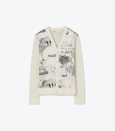 Tory Burch designer セーター シルクフロント カーディガン in New Ivory / Ivory Forest front