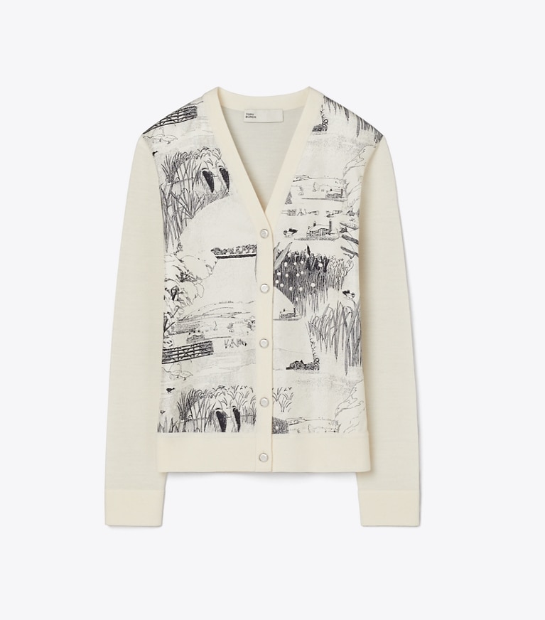 Tory Burch designer セーター シルクフロント カーディガン in New Ivory / Ivory Forest front