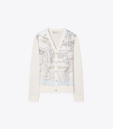 Tory Burch designer セーター シルクフロント カーディガン in New Ivory / Neutral Pool front