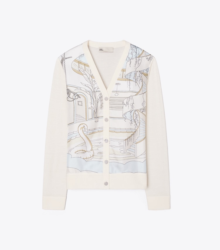 Tory Burch designer セーター シルクフロント カーディガン in New Ivory / Neutral Pool front