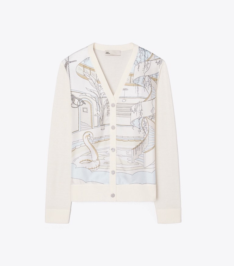 Tory Burch designer セーター シルクフロント カーディガン in New Ivory / Neutral Pool front