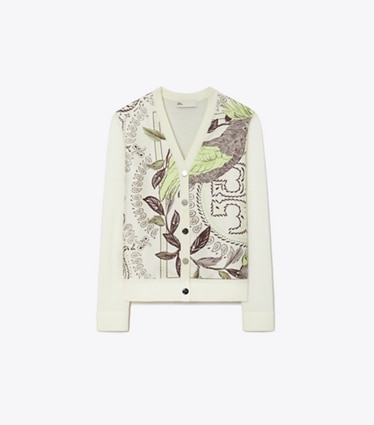 Tory Burch designer sweaters Silk Front Cardigan in New Ivory / Mint Cockatoo front