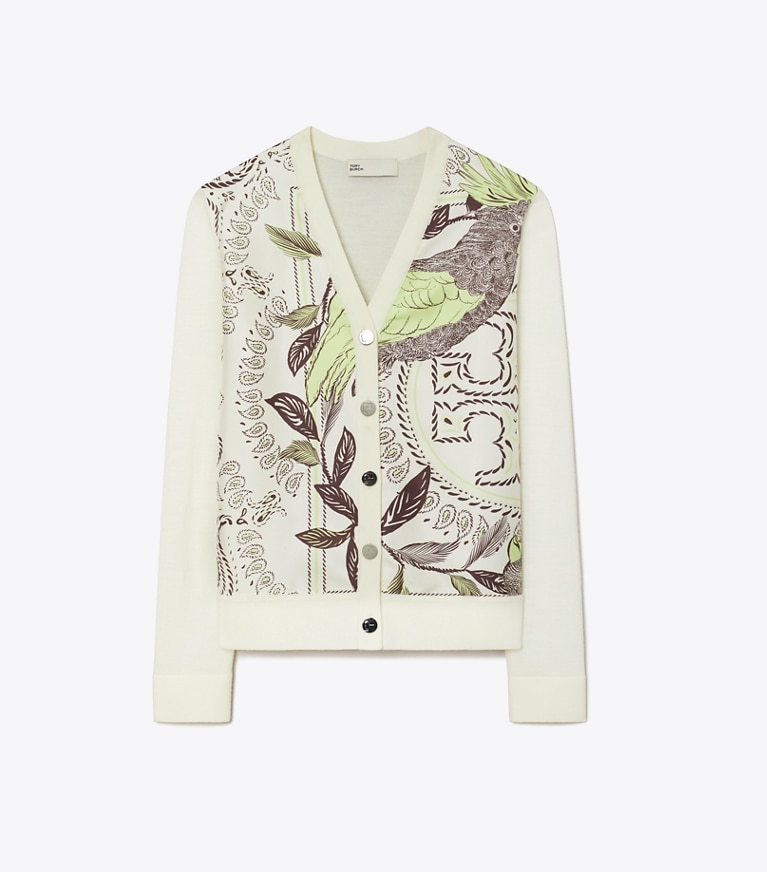 Tory Burch designer セーター シルクフロント カーディガン in New Ivory / Mint Cockatoo front