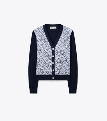 Tory Burch designer sweaters Silk-Front Cardigan in Mistero Navy/ Prismatic T Monogram Small front