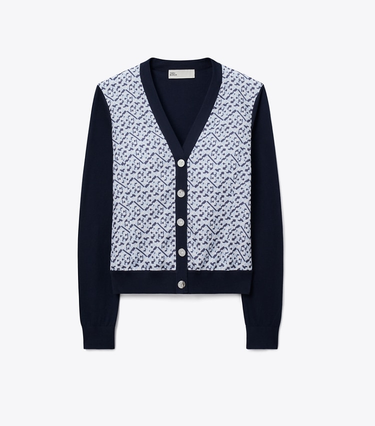 Tory Burch designer sweaters Silk-Front Cardigan in Mistero Navy/ Prismatic T Monogram Small front